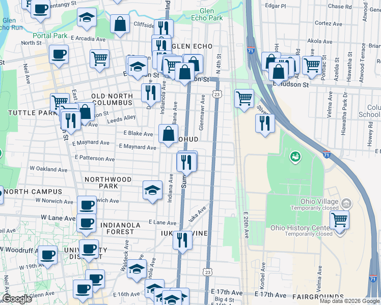 map of restaurants, bars, coffee shops, grocery stores, and more near 378 Wyandotte Avenue in Columbus