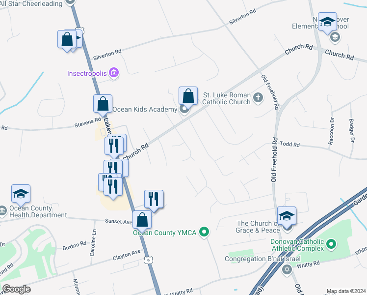 map of restaurants, bars, coffee shops, grocery stores, and more near 1612 Jacks Way in Toms River