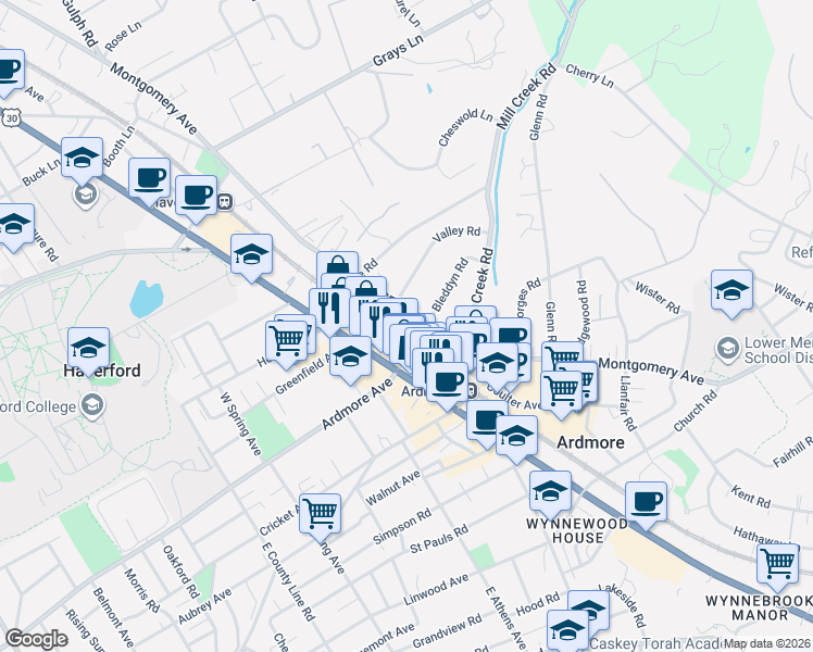 map of restaurants, bars, coffee shops, grocery stores, and more near 101 Valley Road in Ardmore