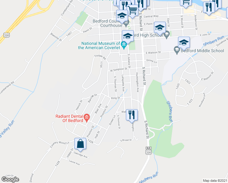 map of restaurants, bars, coffee shops, grocery stores, and more near 612 South Thomas Street in Bedford