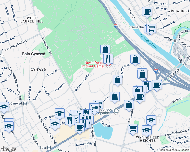 map of restaurants, bars, coffee shops, grocery stores, and more near 335 Righters Ferry Road in Bala Cynwyd