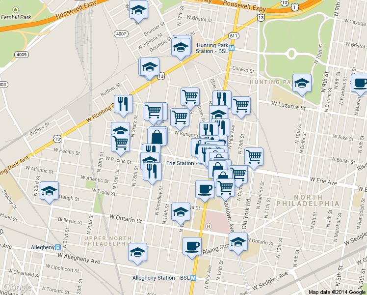 map of restaurants, bars, coffee shops, grocery stores, and more near 3720 North Sydenham Street in Philadelphia