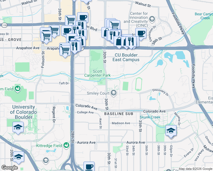 map of restaurants, bars, coffee shops, grocery stores, and more near 1302-1374 30th Street in Boulder