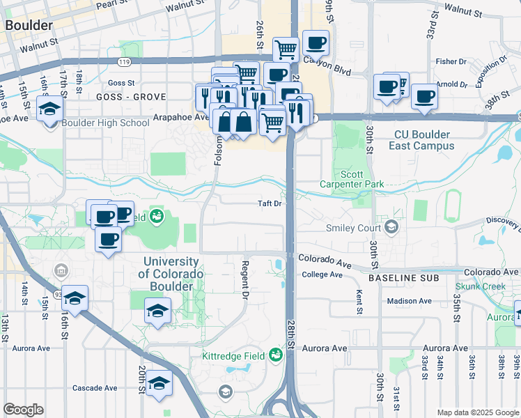 map of restaurants, bars, coffee shops, grocery stores, and more near 2525 Taft Drive in Boulder