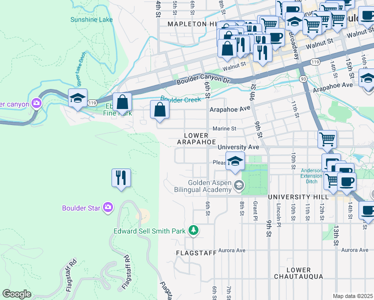 map of restaurants, bars, coffee shops, grocery stores, and more near in Boulder
