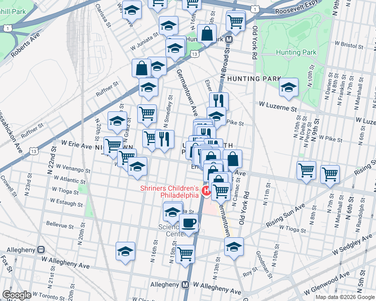 map of restaurants, bars, coffee shops, grocery stores, and more near 3759 North Sydenham Street in Philadelphia