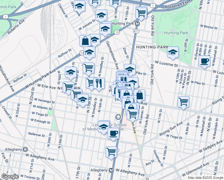 map of restaurants, bars, coffee shops, grocery stores, and more near 3759 North Sydenham Street in Philadelphia