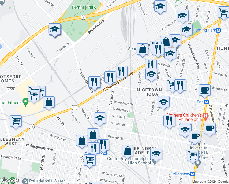 map of restaurants, bars, coffee shops, grocery stores, and more near 3629 North 22nd Street in Philadelphia