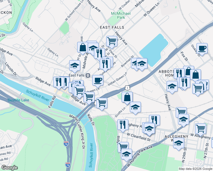 map of restaurants, bars, coffee shops, grocery stores, and more near 3512 Bowman Street in Philadelphia