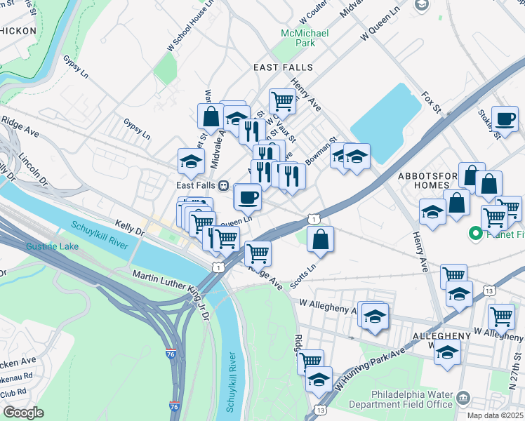 map of restaurants, bars, coffee shops, grocery stores, and more near 3512 Bowman Street in Philadelphia