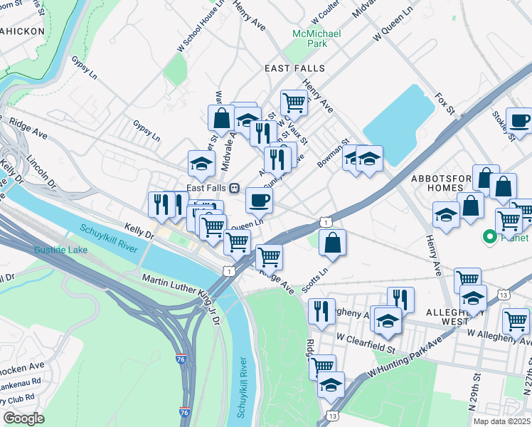 map of restaurants, bars, coffee shops, grocery stores, and more near in Philadelphia