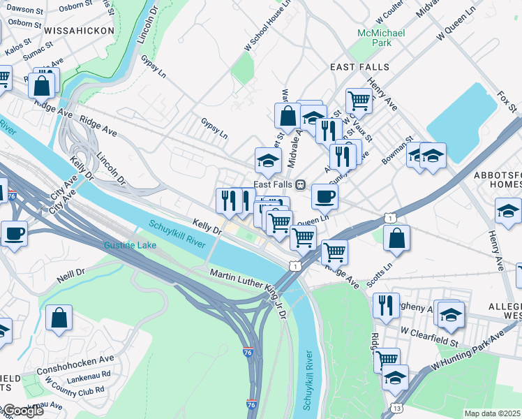 map of restaurants, bars, coffee shops, grocery stores, and more near 3678 Calumet Street in Philadelphia