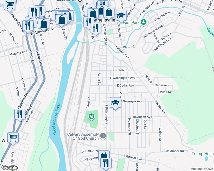 map of restaurants, bars, coffee shops, grocery stores, and more near 803 South Pittsburgh Street in Connellsville