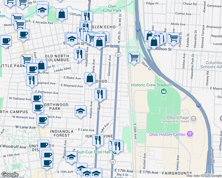 map of restaurants, bars, coffee shops, grocery stores, and more near 395 East Maynard Avenue in Columbus