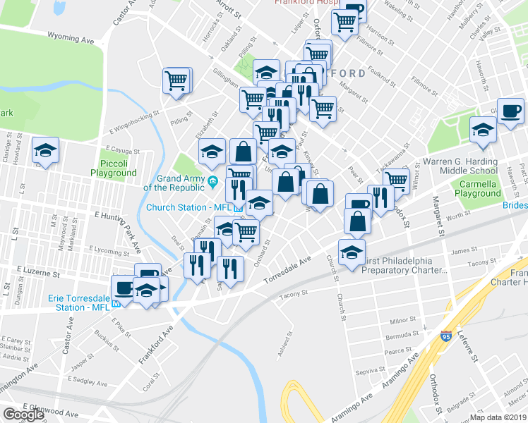 map of restaurants, bars, coffee shops, grocery stores, and more near 4288 Paul Street in Philadelphia