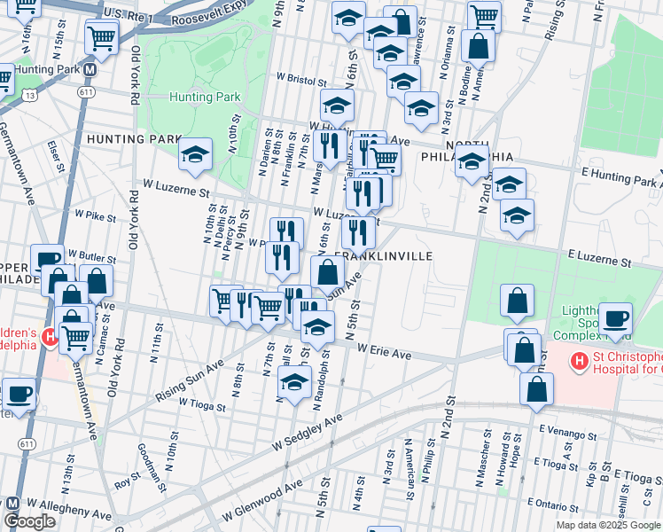 map of restaurants, bars, coffee shops, grocery stores, and more near 3852 North Fairhill Street in Philadelphia