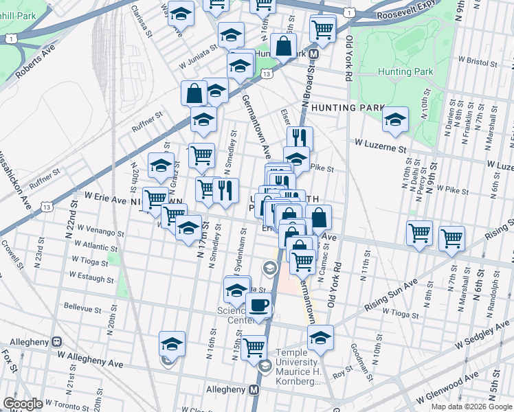 map of restaurants, bars, coffee shops, grocery stores, and more near 3759 North Sydenham Street in Philadelphia