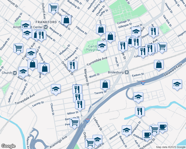 map of restaurants, bars, coffee shops, grocery stores, and more near 4742 Worth Street in Philadelphia