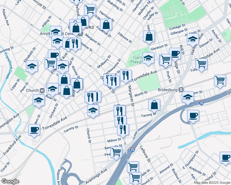 map of restaurants, bars, coffee shops, grocery stores, and more near 2051 Orthodox Street in Philadelphia