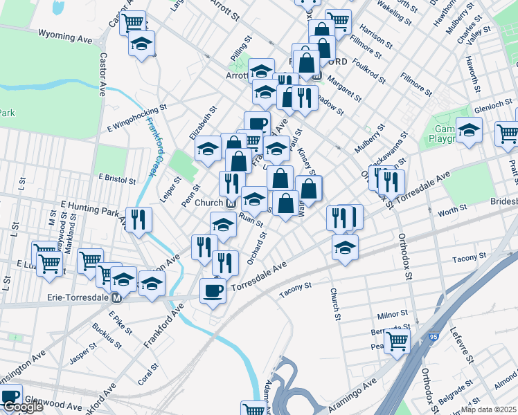 map of restaurants, bars, coffee shops, grocery stores, and more near 4288 Paul Street in Philadelphia