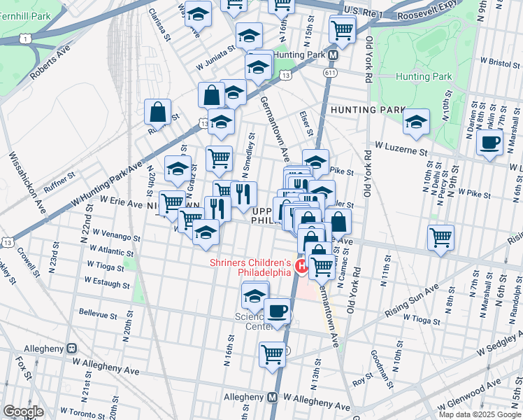map of restaurants, bars, coffee shops, grocery stores, and more near 3720 North Sydenham Street in Philadelphia