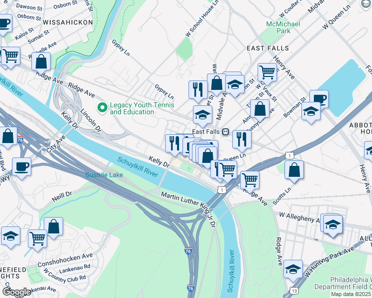 map of restaurants, bars, coffee shops, grocery stores, and more near 3712 Calumet Street in Philadelphia