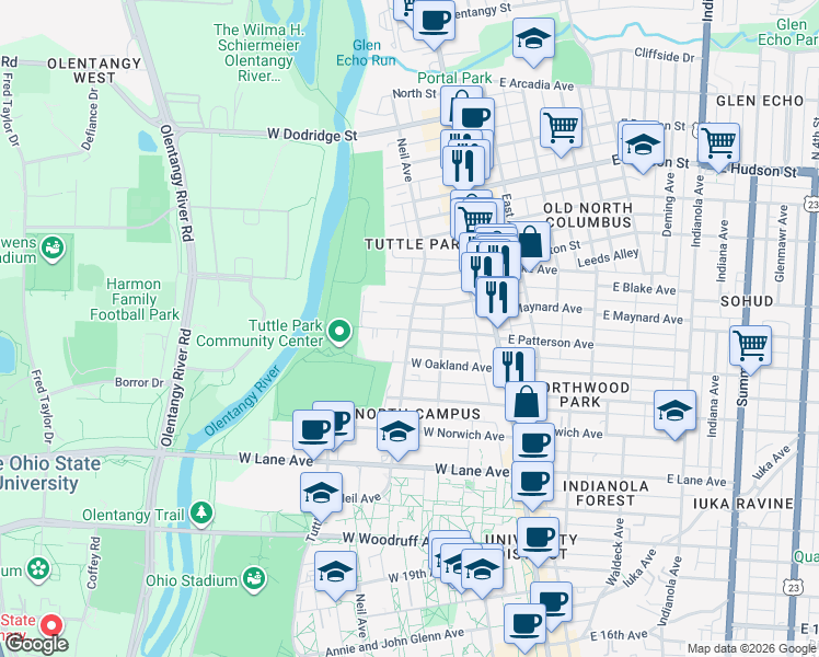 map of restaurants, bars, coffee shops, grocery stores, and more near Neil Ave & W Patterson Ave in Columbus