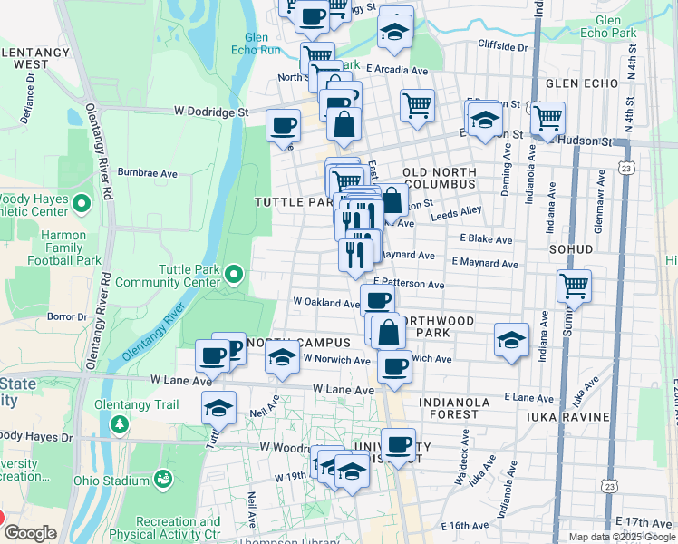 map of restaurants, bars, coffee shops, grocery stores, and more near 42 West Patterson Avenue in Columbus