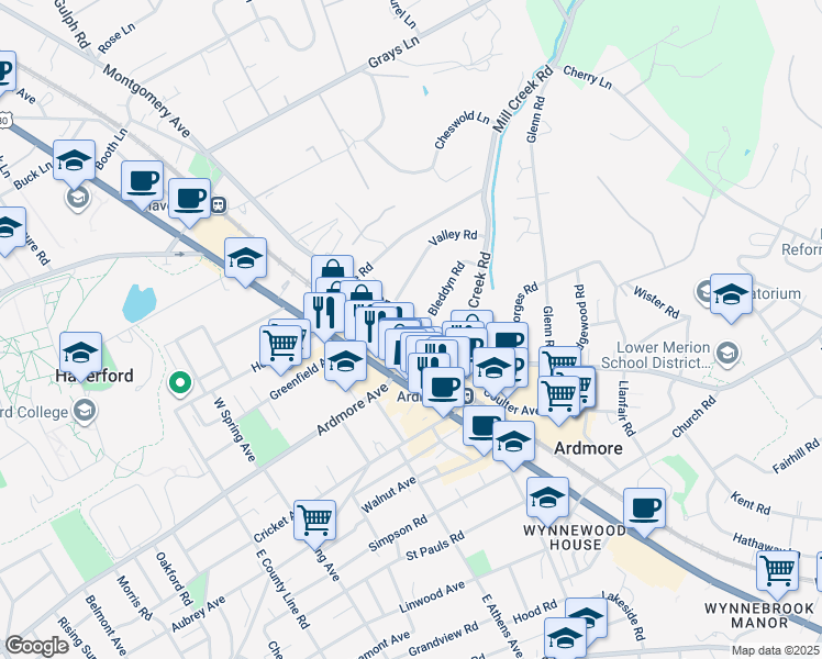 map of restaurants, bars, coffee shops, grocery stores, and more near 28 West Montgomery Avenue in Ardmore