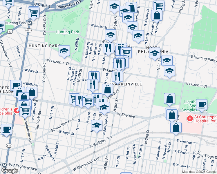 map of restaurants, bars, coffee shops, grocery stores, and more near 3852 North Fairhill Street in Philadelphia