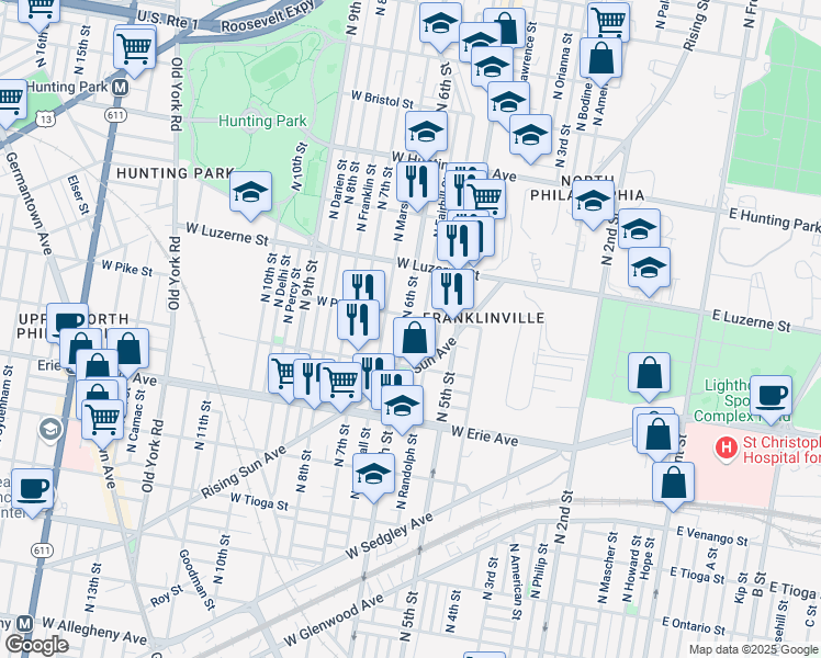 map of restaurants, bars, coffee shops, grocery stores, and more near 3851 North 6th Street in Philadelphia