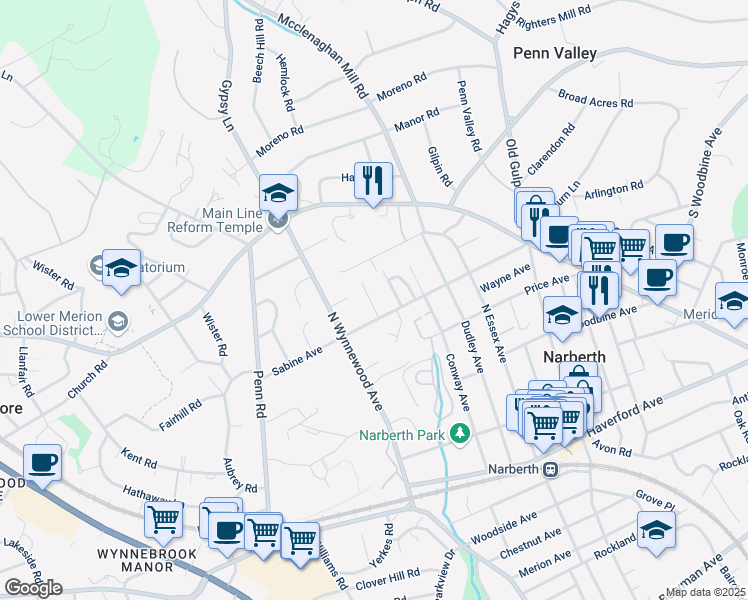 map of restaurants, bars, coffee shops, grocery stores, and more near 507 Homewood Avenue in Narberth