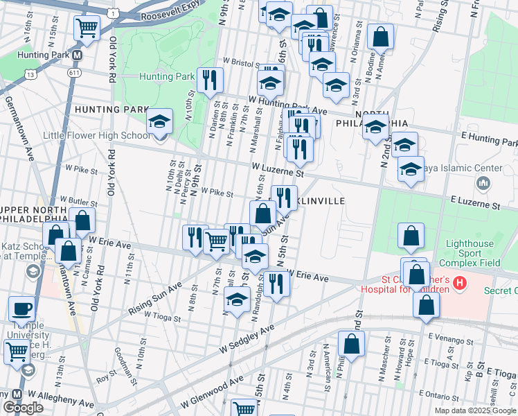 map of restaurants, bars, coffee shops, grocery stores, and more near 3851 North 6th Street in Philadelphia