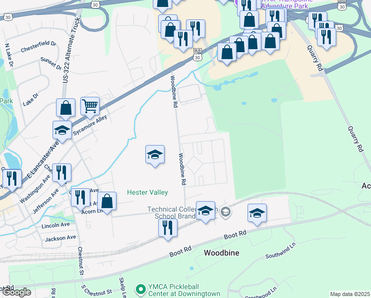 map of restaurants, bars, coffee shops, grocery stores, and more near 108 Bowery Lane in Downingtown