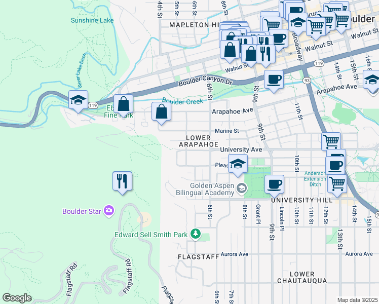 map of restaurants, bars, coffee shops, grocery stores, and more near in Boulder