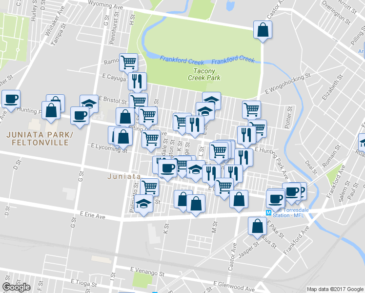 map of restaurants, bars, coffee shops, grocery stores, and more near 4135 K Street in Philadelphia