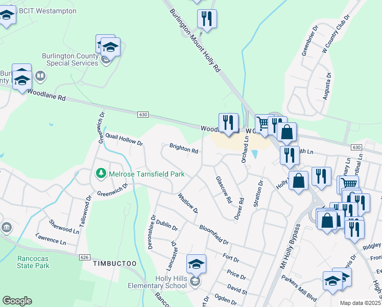 map of restaurants, bars, coffee shops, grocery stores, and more near 1 Brighton Court in Westampton Township