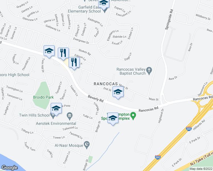 map of restaurants, bars, coffee shops, grocery stores, and more near in Westampton Township