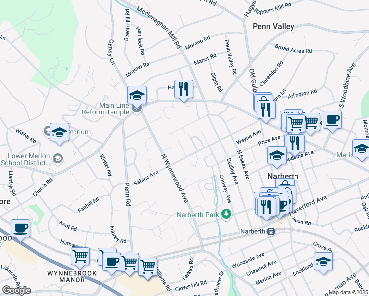 map of restaurants, bars, coffee shops, grocery stores, and more near 507 Homewood Avenue in Narberth