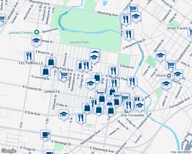 map of restaurants, bars, coffee shops, grocery stores, and more near 4155 Dungan Street in Philadelphia