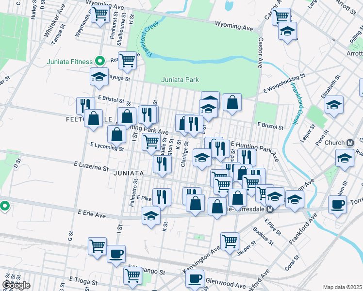 map of restaurants, bars, coffee shops, grocery stores, and more near 4135 K Street in Philadelphia