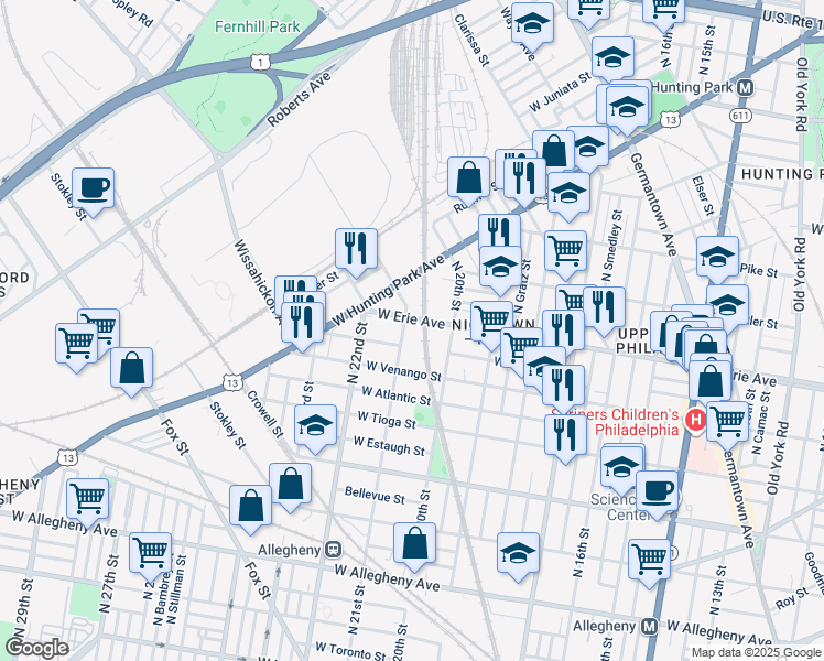 map of restaurants, bars, coffee shops, grocery stores, and more near 3655 North 21st Street in Philadelphia
