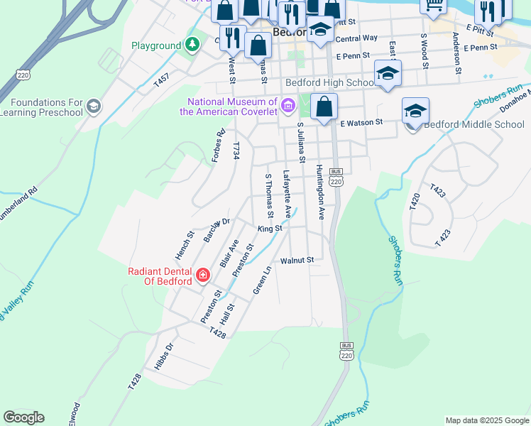 map of restaurants, bars, coffee shops, grocery stores, and more near 612 South Thomas Street in Bedford