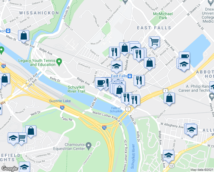 map of restaurants, bars, coffee shops, grocery stores, and more near 3710 Calumet Street in Philadelphia
