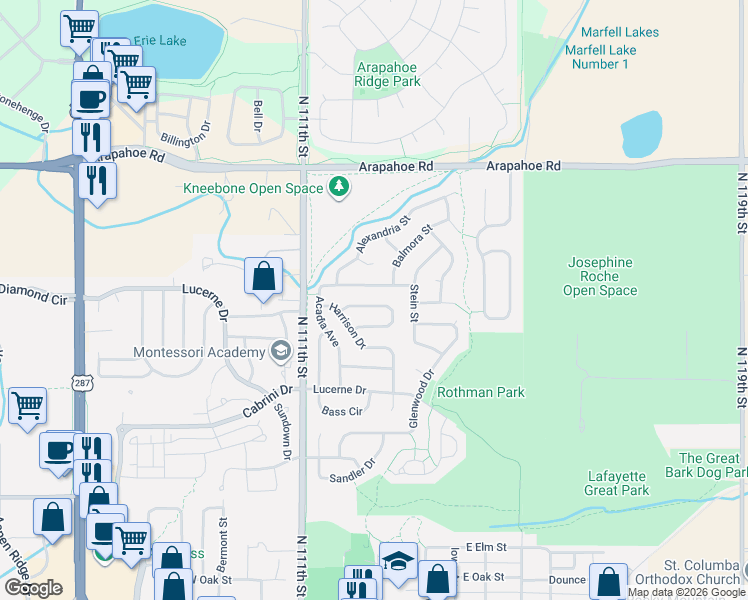 map of restaurants, bars, coffee shops, grocery stores, and more near 217 Acadia Avenue in Lafayette