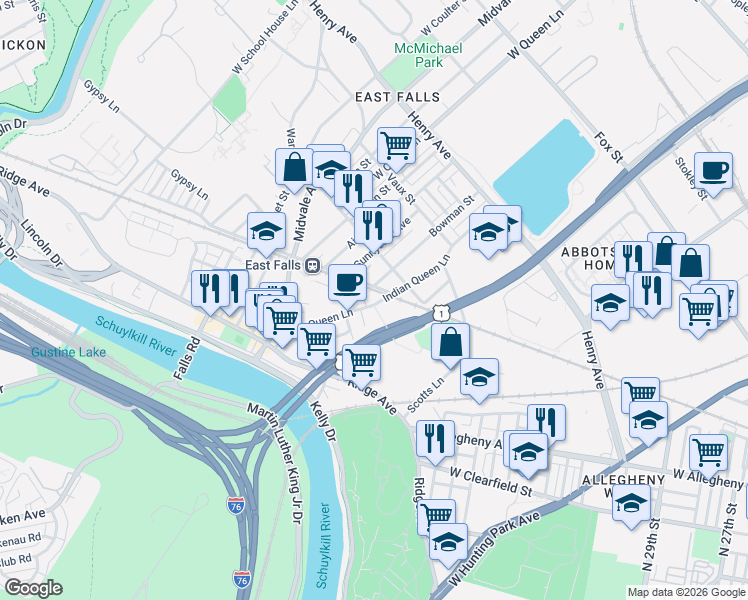 map of restaurants, bars, coffee shops, grocery stores, and more near 3512 Bowman Street in Philadelphia
