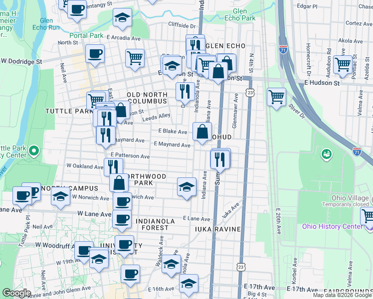 map of restaurants, bars, coffee shops, grocery stores, and more near 2339 Indianola Avenue in Columbus