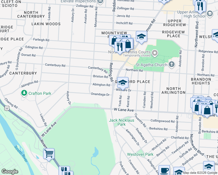 map of restaurants, bars, coffee shops, grocery stores, and more near 2711 Redding Road in Columbus