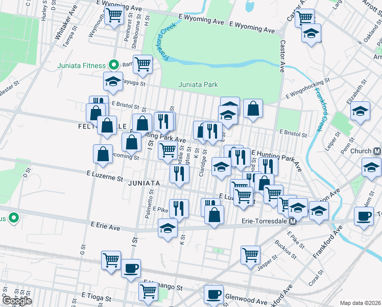 map of restaurants, bars, coffee shops, grocery stores, and more near 4129 Bennington Street in Philadelphia
