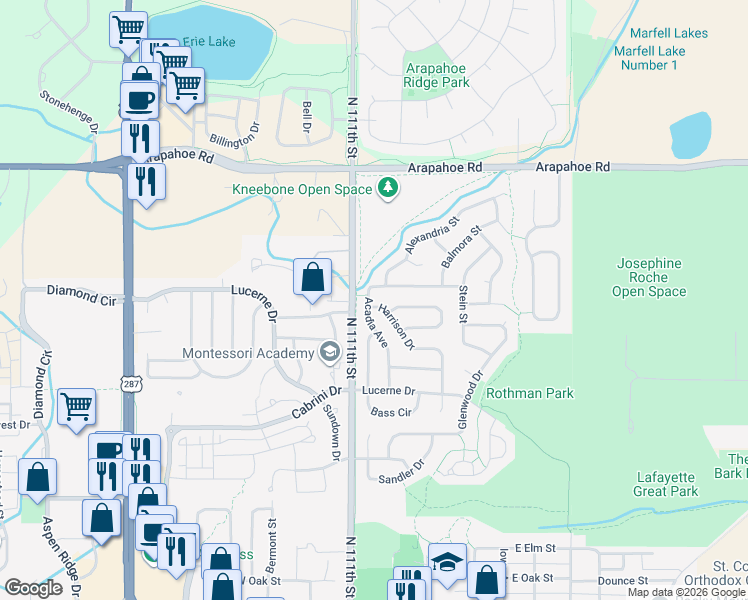 map of restaurants, bars, coffee shops, grocery stores, and more near 1011 Acadia Avenue in Lafayette
